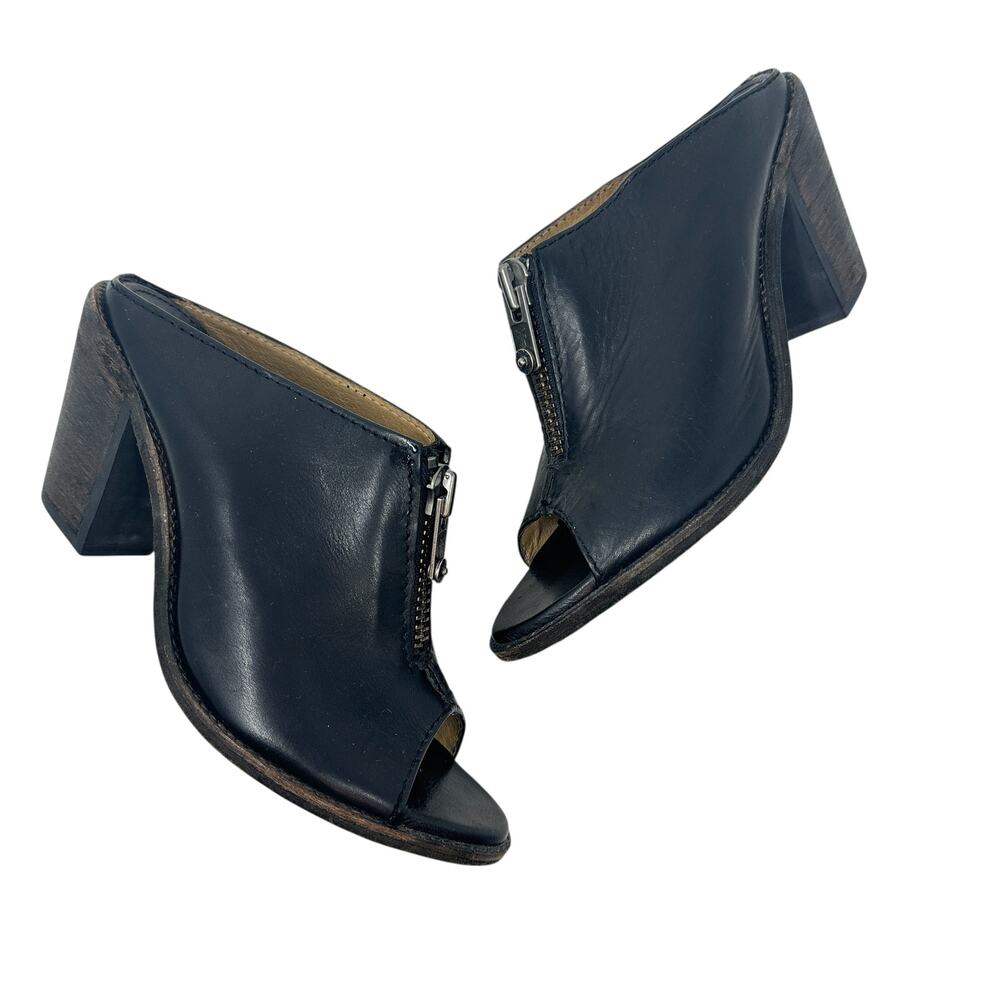 Frye Izzy Zip Moto Mule Heels Leather Open Toe Black‎ Size US 9.5